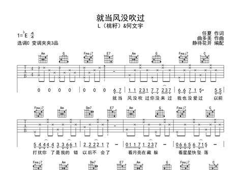 就当风没吹过吉他谱 L桃籽 何文宇 C调吉他弹唱谱 琴谱网