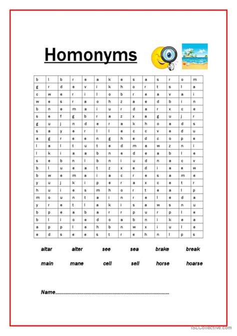 1 Homonyms Word Search Vocabulary Practice English ESL Wor