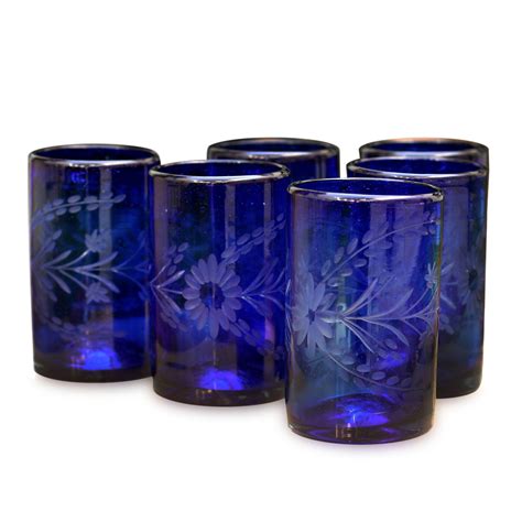 Unicef Market Handblown Glass Recycled Tumbler Drinkware Set Of 6 Blue Blossoms