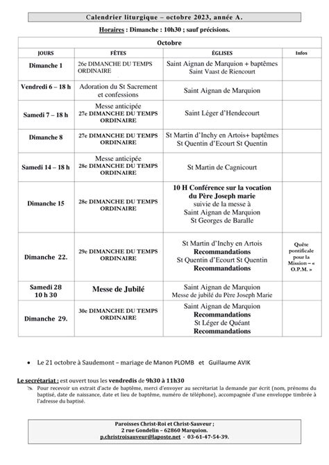 Calendrier Liturgique Du Mois D Octobre 2023