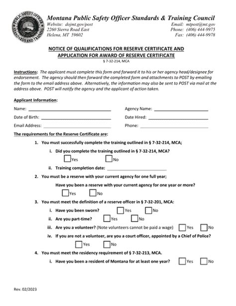 Montana Notice Of Qualifications For Reserve Certificate And