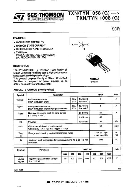 Tyn Datasheet Pages Stmicroelectronics Silicon Controlled