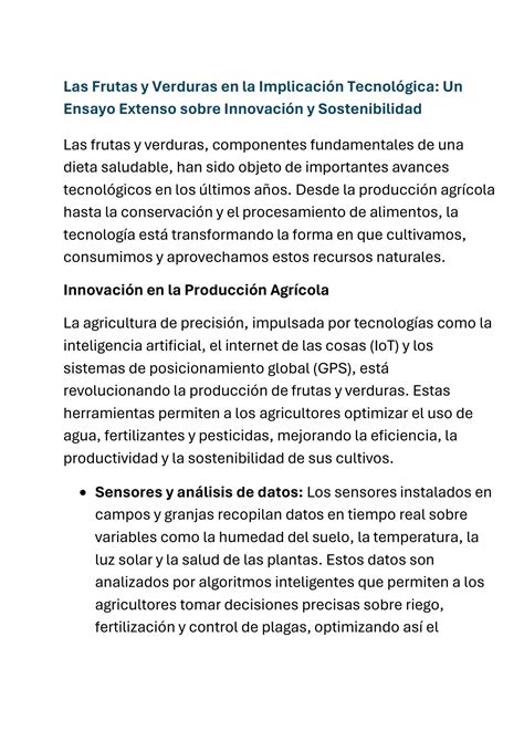 Solution Las Frutas Y Verduras En La Implicaci N Tecnol Gica Un Ensayo