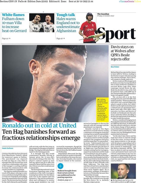 Capa Jornal Guardian Sport 21 Outubro 2022 Capasjornaispt