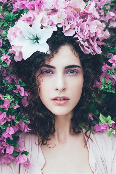 Woman Beauty Surrounded By Pink Flower Arrangement By Stocksy Contributor Alexandra Bergam