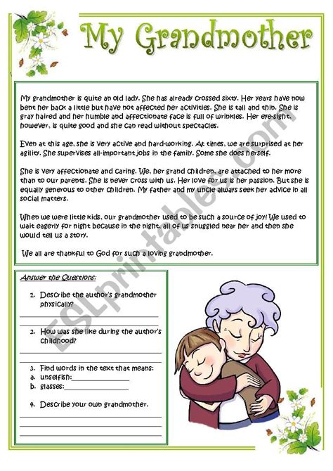 My Grandmother ESL Worksheet By Misstylady Reading Comprehension