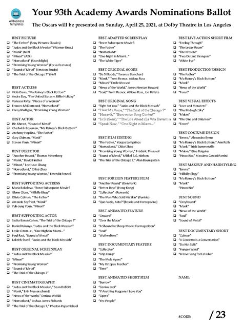 Oscar Nominations Printable