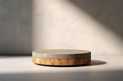 Premium AI Image | Wooden plank round wood podium on grey concrete ...