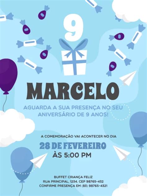 Convite De Aniversário Infantil Masculino Azul Edite Online