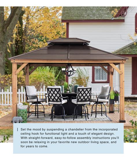 Sunjoy Outdoor Patio 11x13 Brown 2 Tier Wooden Frame Backyard Hardtop Gazebo With Ceiling Hook