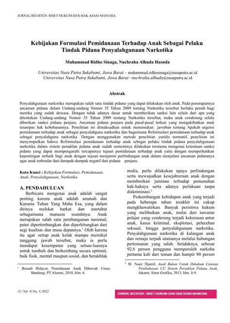 PDF Kebijakan Formulasi Pemidanaan Terhadap Anak Sebagai Pelaku