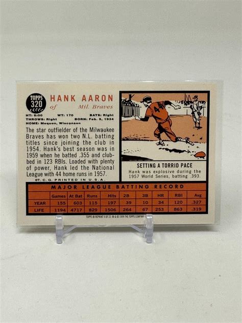 1999 Topps Commemorative Baseball Hank Aaron Reprint Card 320 EBay