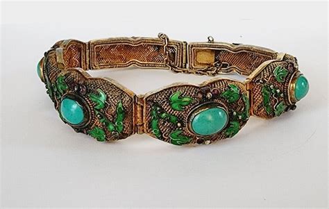 Antique Chinese Asian Turquoise Silver Leaves Enamel Gem