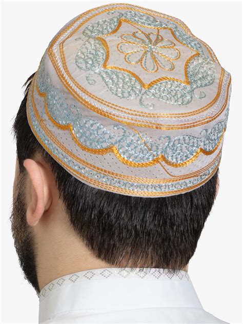 Blue And Gold Embroidered Wavy Trellis Kufi White Me1192 Alhannah