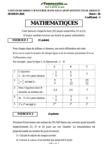 Sujet corrigé de Mathématiques Concours CAFOP Instituteur Adjoint