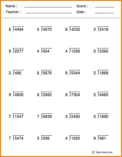 Year 5 Long Division Worksheets