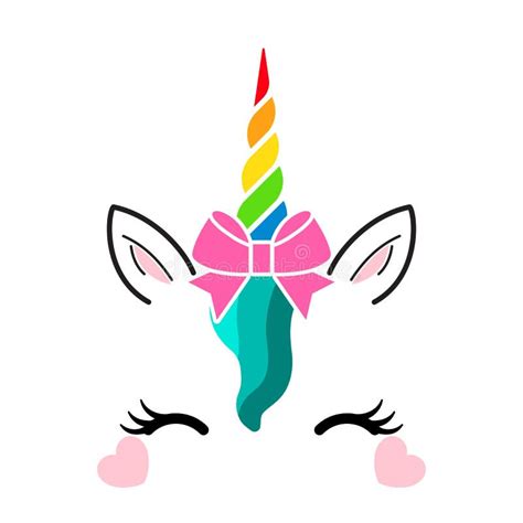 Cara Linda Del Unicornio Con El Cuerno Colorido Y El Arco Rosado