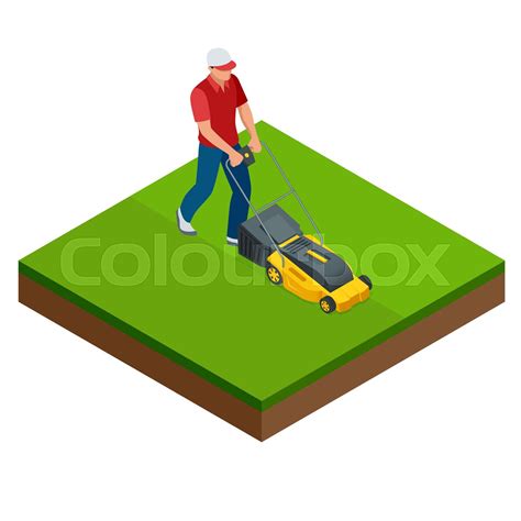 Man Mowing The Lawn With Yellow Lawn Mower In Summertime Lawn Grass