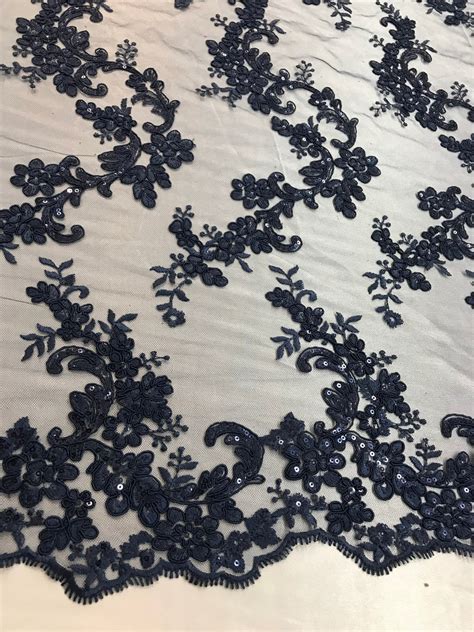 Navy Floral Lace Fabric Embroidery With Sequins on a Mesh | Etsy