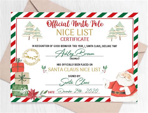 Editable Santa Claus Official Nice List Certificate North Pole Etsy Uk