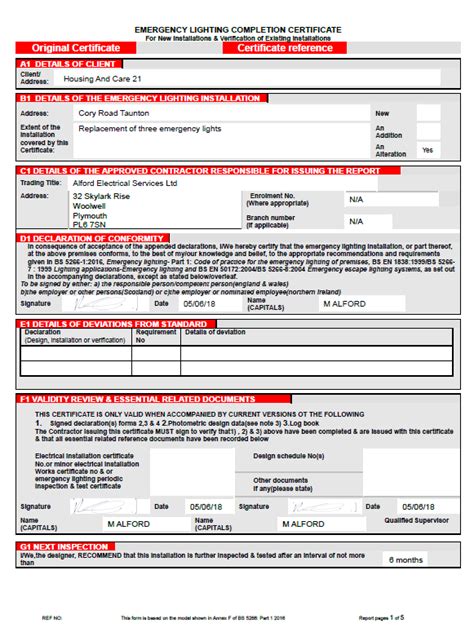 Emergency Lighting Test Certificate Template