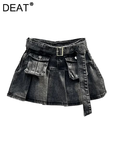 DEAT Women S Denim Skirt Belt With 3d Pockets Solid Color Pleated