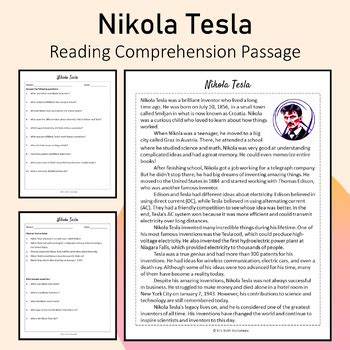 Nikola Tesla Biography Reading Comprehension Printable TPT