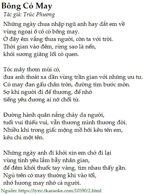Lời Bài Hát Bông Cỏ May Trúc Phương Có Nhạc Nghe