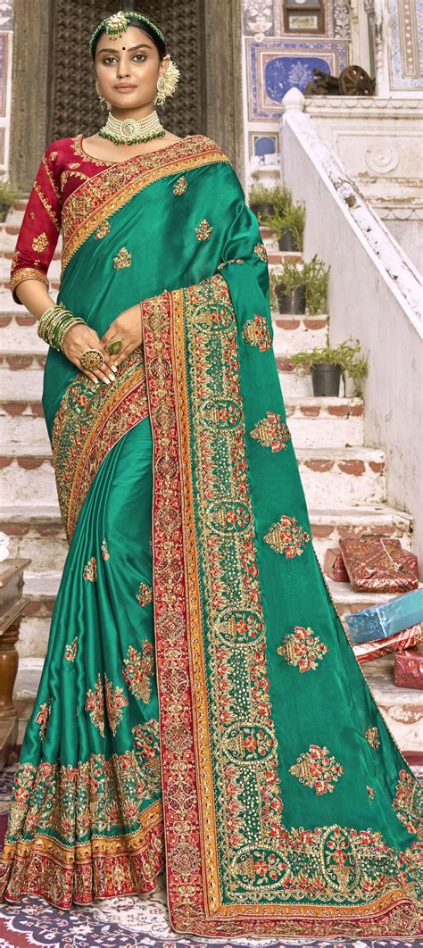 Bridal Traditional Wedding Green Color Art Silk Silk Fabric Saree