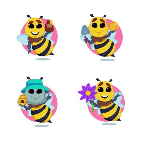 Free Vector Set Of Cartoon Bee Character With Flower Honey Barrel