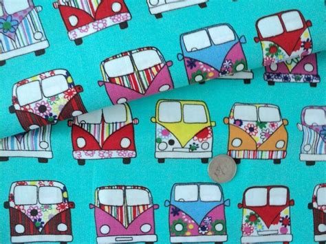 Vw Camper Van Fabric 100 Cotton Material Novelty Retro Design Etsy Uk