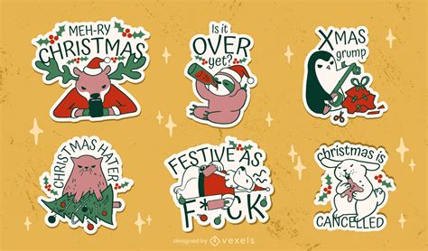 Anti Christmas Funny Animals Sticker Set Vector Download