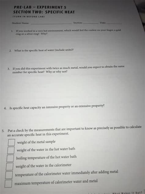 Oneclass Pre Lab Experiment 5 Section Two Specific Heat Turn In