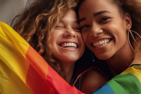Premium Photo Expressive Pride Photo Of A Gay Lesbian Couple With Rainbow Flag Pride Month