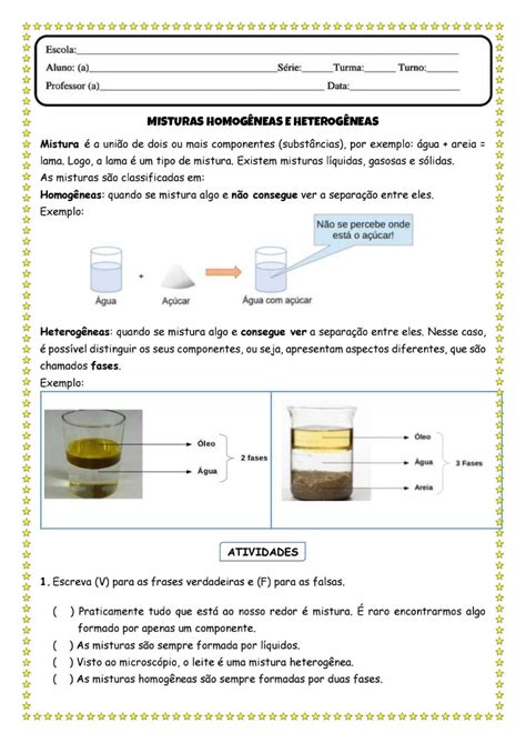 Atividades Sobre Misturas Homogêneas E Heterogêneas 4o Ano Gabarito