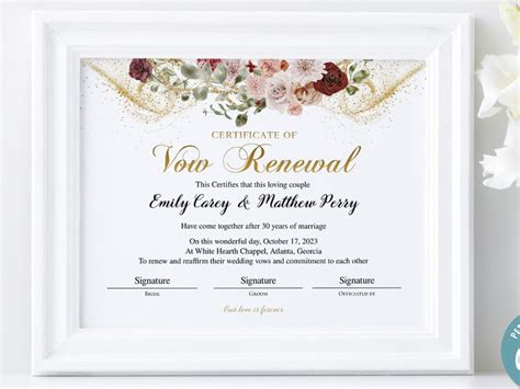 Printable Vow Renewal Certificate Editable Wedding Certificate