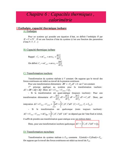 Chapitre 6 Capacités thermiques calorimétrie Studocu