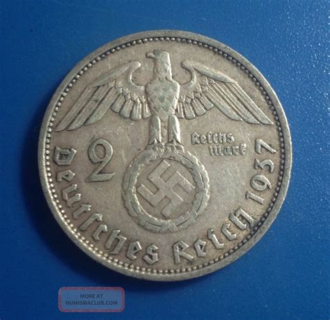 Nazi Germany 2 Reichsmark 1937 Km93 Silver Third Reich Hindenburg F