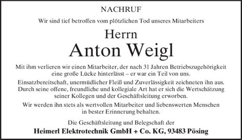 Traueranzeigen Von Anton Weigl Mittelbayerische Trauer