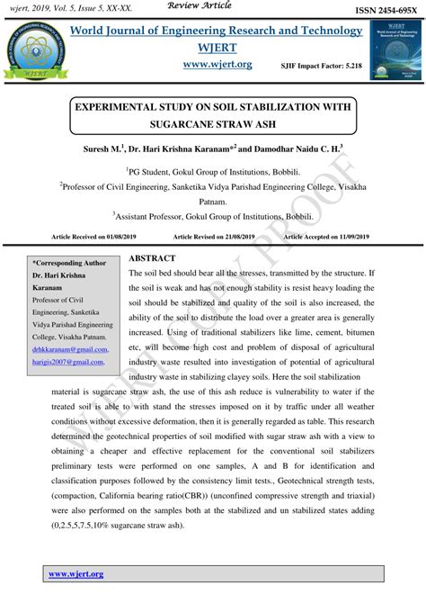 PDF EXPERIMENTAL STUDY ON SOIL STABILIZATION WITH SUGARCANE STRAW ASH