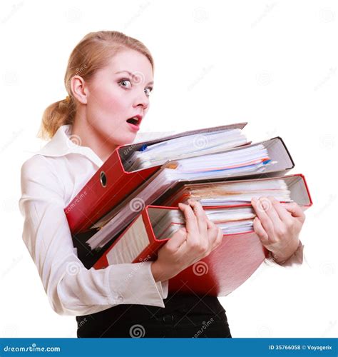 Young Overworked Business Woman Holding Stack Folders Documents Royalty