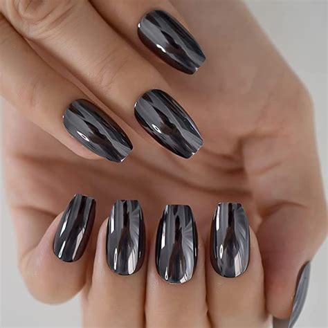 Coolnail Metallic Mirror Effect Gray Black Metal Plating Square Press On False Acrylic Punk Nail