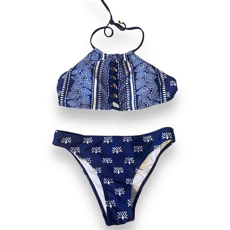 Patterned Navy Blue Bikini Size Medium Depop