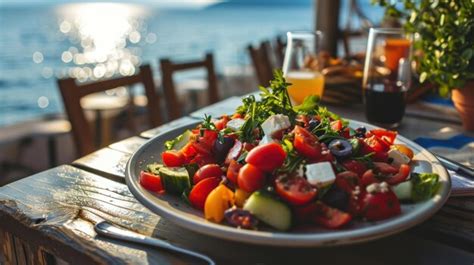 Premium Photo Greek Salad Platter Against A Seaside Cafe