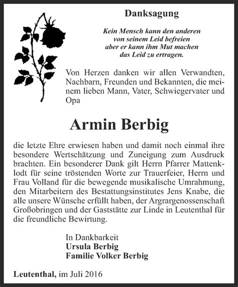 Traueranzeigen Von Armin Berbig Trauer In Thueringen De