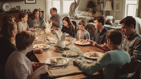 Una Familia Se Sienta En Una Mesa Con Un Plato De Comida Y Un P Jaro