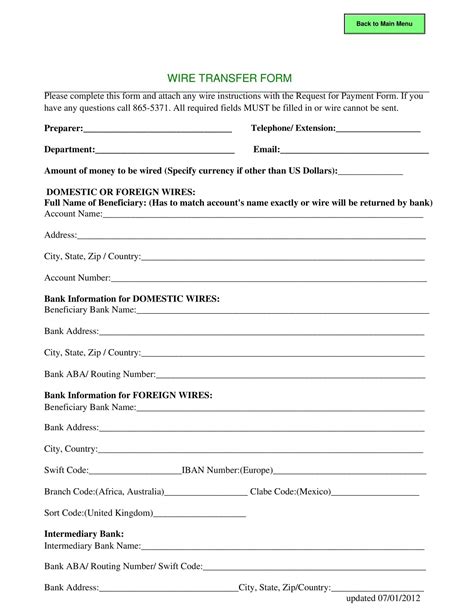 Free Printable Wire Transfer Form Templates Excel Pdf