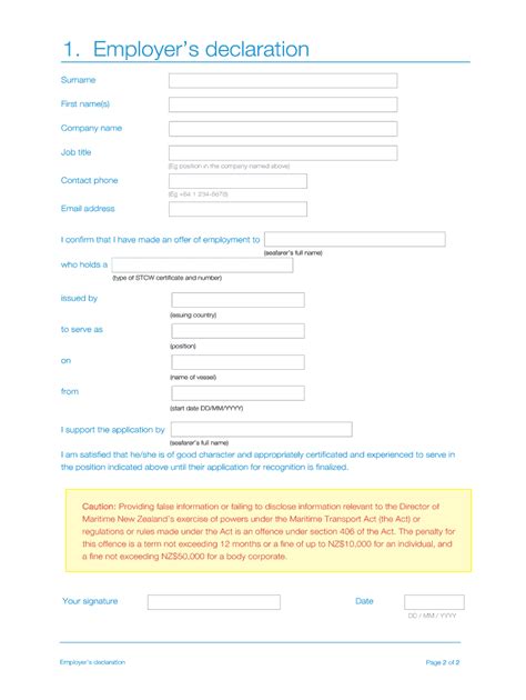 Fillable Online Maritimenz Govt Employers Declaration Use This Form If