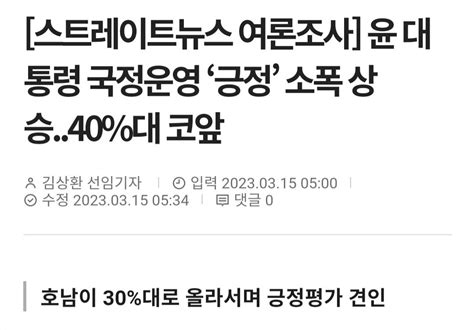 스트레이트뉴스 여론조사 윤 대통령 국정운영 ‘긍정 소폭 상승40대 코앞 396 정당 지지도 국힘 383