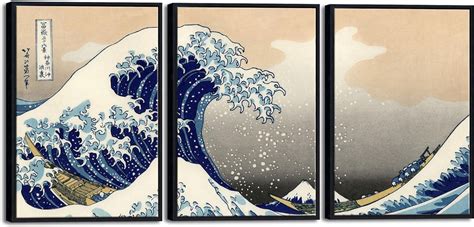 Wieco Art Black Framed Great Wave Of Kanagawa Katsushika Hokusai 3 Piece Modern Canvas Prints